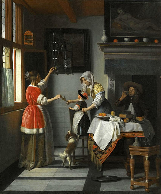Interior with a Child Feeding a Parrot, vintage artwork by Pieter de Hooch, 12x8" (A4) Poster