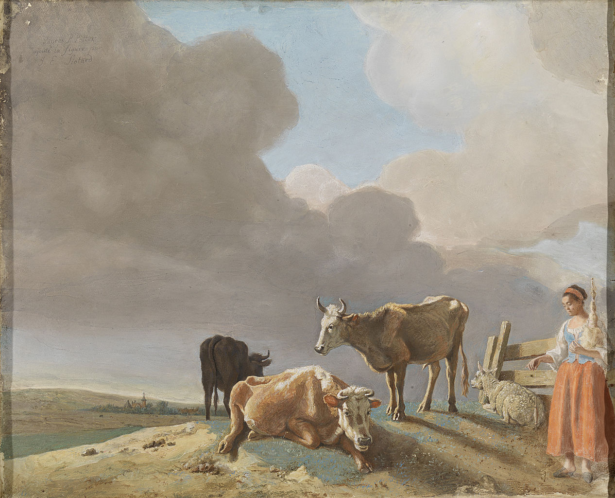 Landscape with Cows, Sheep and Shepherdess, vintage artwork by Jean-Étienne Liotard, 12x8" (A4) Poster