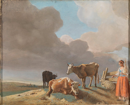 Landscape with Cows, Sheep and Shepherdess, vintage artwork by Jean-Étienne Liotard, 12x8" (A4) Poster