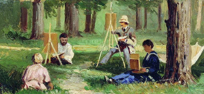 Artists in Plein Air, vintage artwork by Efim Efimovich Volkov, 12x8" (A4) Poster