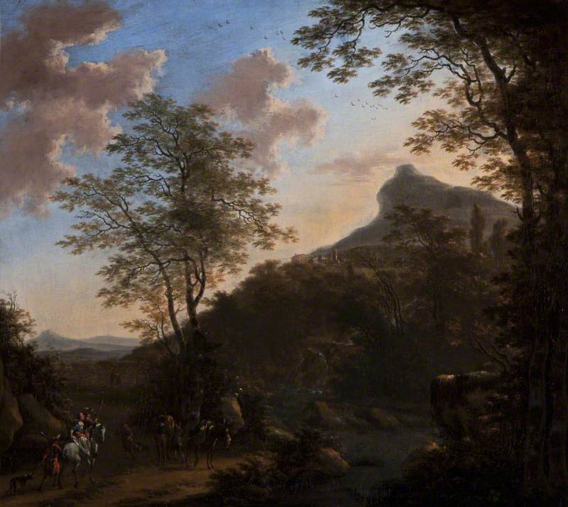 Hilly Landscape with Figures and Horses near a Bridge over a River, vintage artwork by Willem de Heusch, 12x8" (A4) Poster