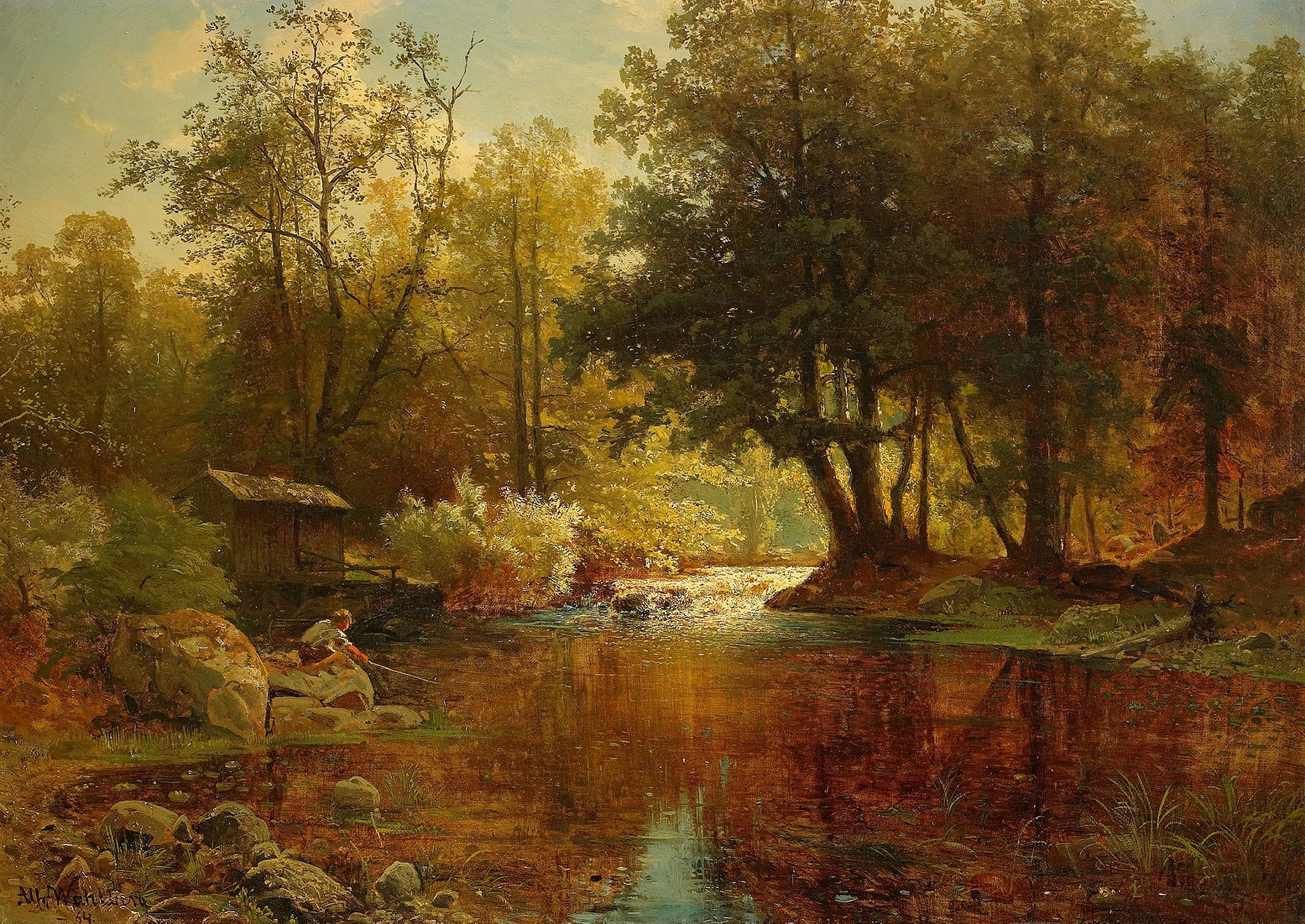 Forest Lake with Boy Fishing, vintage artwork by Alfred Wahlberg, 12x8" (A4) Poster