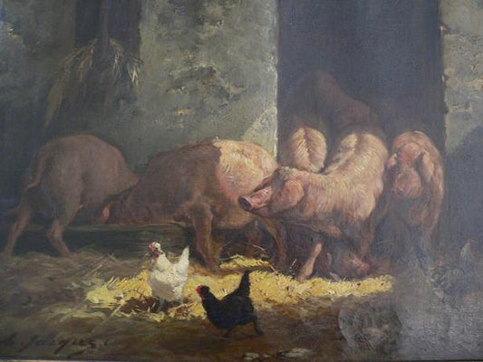 Pigs and Poultry, vintage artwork by Charles-Émile Jacque, A3 (16x12") Poster Print
