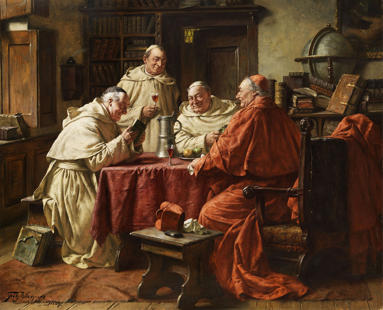 Cardinal and Monks in the Library, vintage artwork by Fritz Wagner, 12x8" (A4) Poster