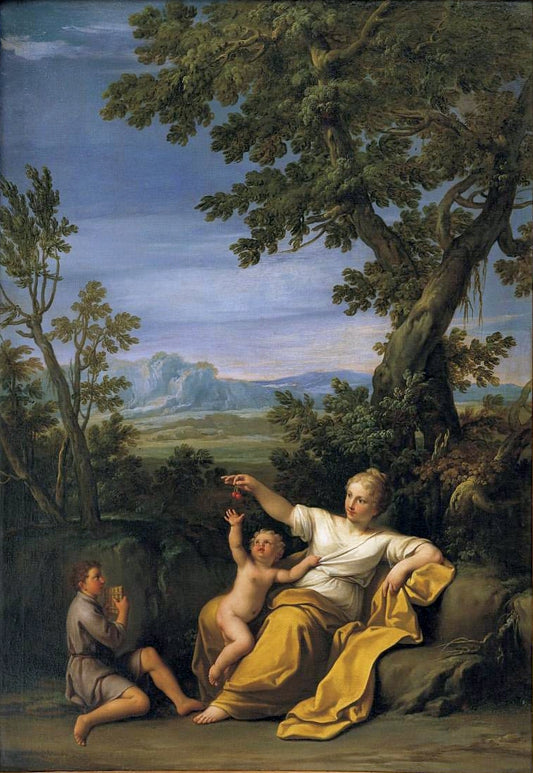 Pastoral Scene with a Young Mother, Frolicking Children and a Goat, vintage artwork by Marcantonio Franceschini, 12x8" (A4) Poster