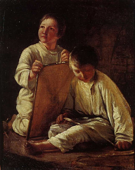 Two Peasant Boys with a Snake, vintage artwork by Alexei Venetsianov, 12x8" (A4) Poster