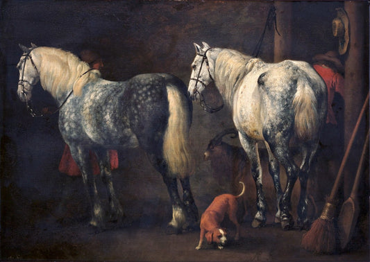 Interior of a stable with two dapple-greys, vintage artwork by Abraham van Calraet, 12x8" (A4) Poster