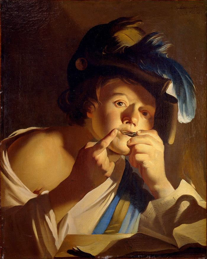 Young Man with a Jew's Harp, vintage artwork by Dirck van Baburen, 12x8" (A4) Poster