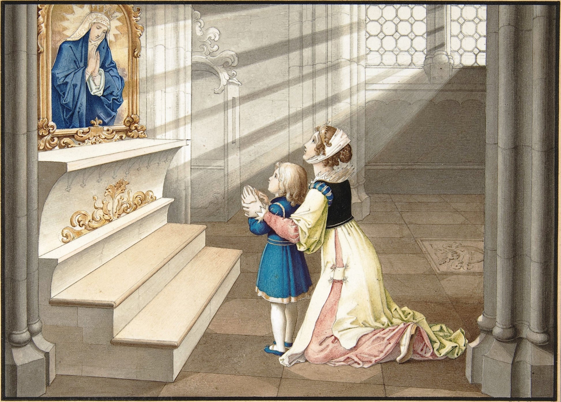 Mother and Daughter in Prayer, vintage artwork by Julius Schnorr von Carolsfeld, A3 (16x12") Poster Print
