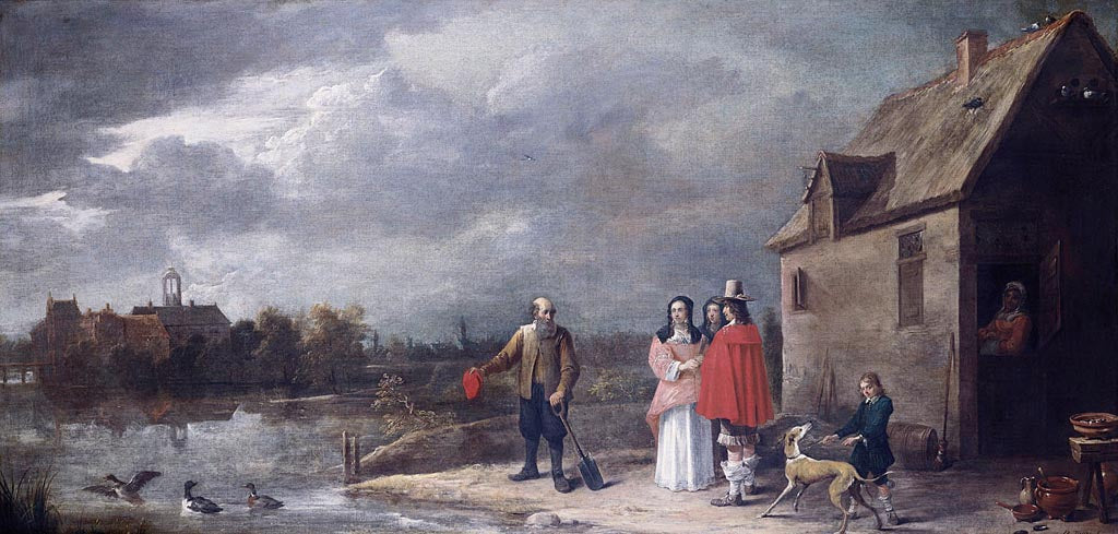 A Family Standing in a Landscape with a Moated House in the Background, vintage artwork by David Teniers (II), 12x8" (A4) Poster