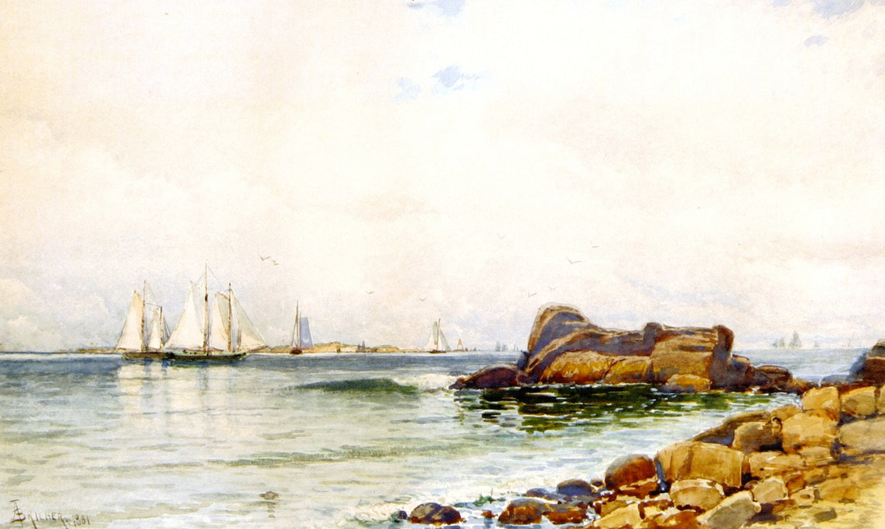 Coastal Rocks with Sailboats, vintage artwork by Alfred Thompson Bricher, 12x8" (A4) Poster