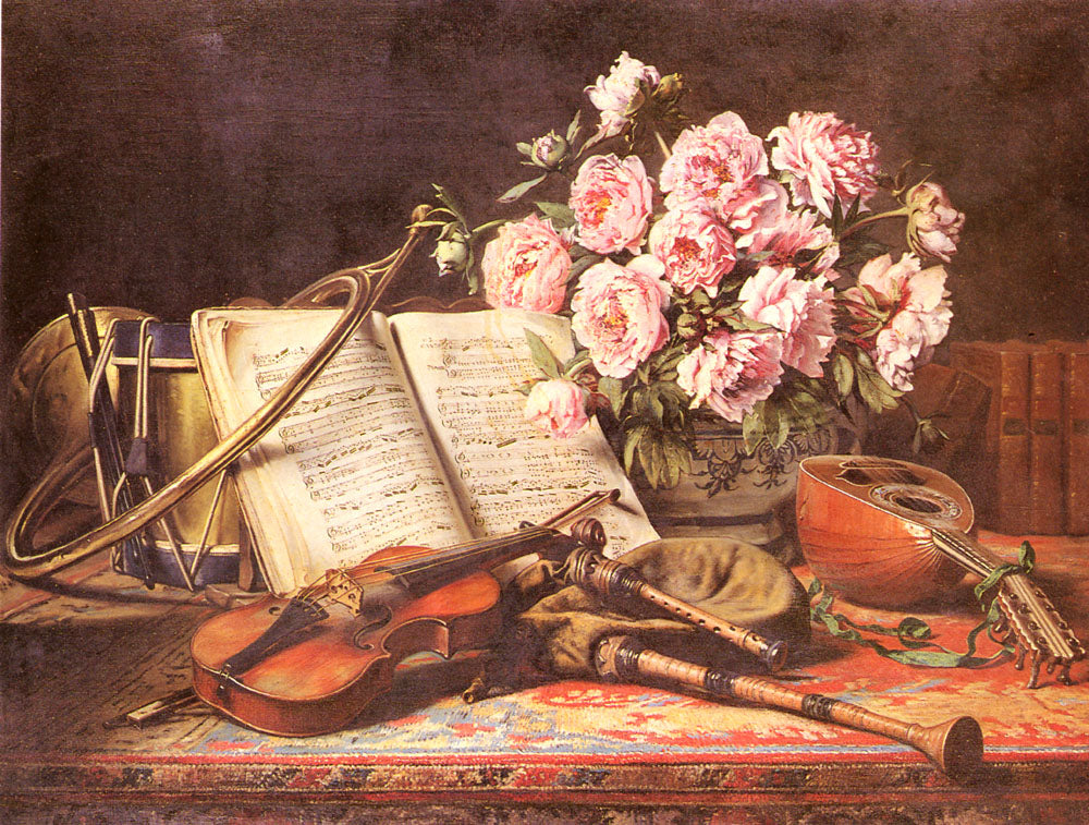 Still Life With Musical Instruments, vintage artwork by Charles Antoine Joseph Loyeux, 12x8" (A4) Poster