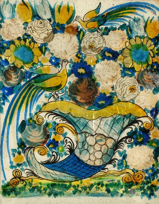 Birds above a Cornucopia of Flowers, vintage artwork by Dora Carrington, 12x8" (A4) Poster