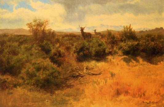 Stag and Doe in a Landscape, vintage artwork by Rosa Bonheur, 12x8" (A4) Poster