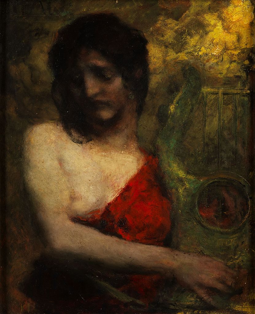 Semi-nude of a young woman in red dress with Lyra, vintage artwork by Ferdinand Keller, 12x8" (A4) Poster