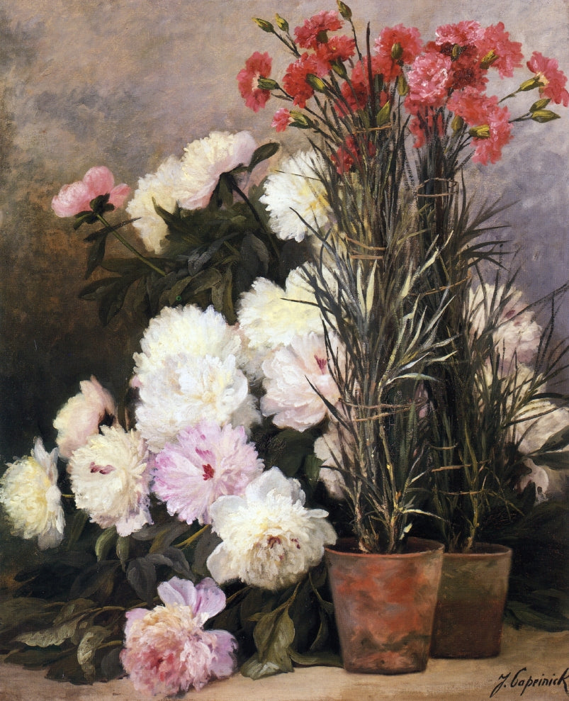 Peonies and Red Carnations, vintage artwork by Jean Capeinick, 12x8" (A4) Poster