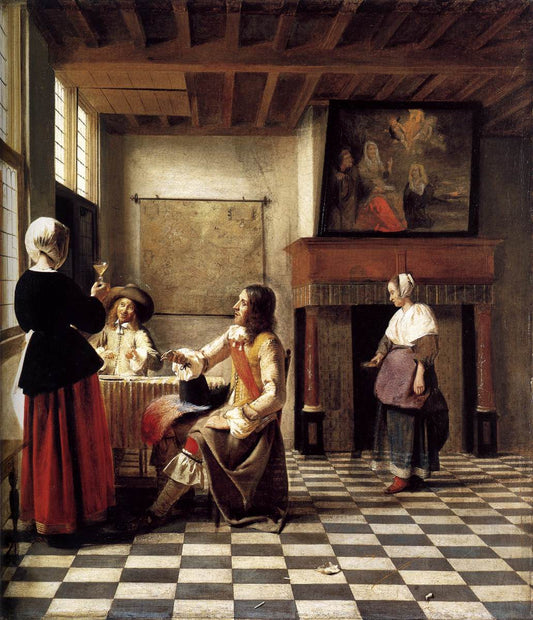 A Woman Drinking with Two Men, vintage artwork by Pieter de Hooch, 12x8" (A4) Poster