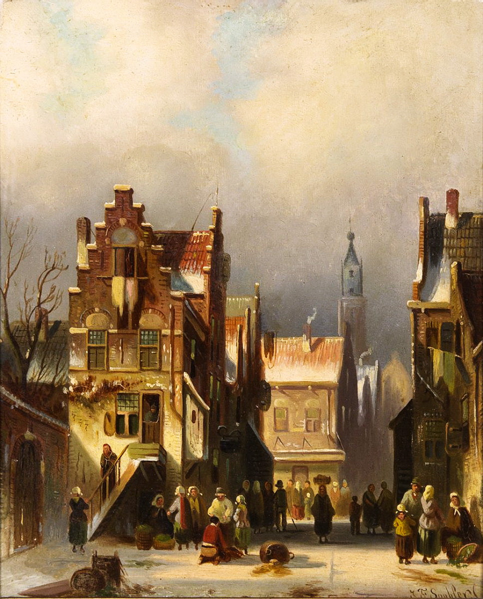 Street Scene in Winter, vintage artwork by Johannes Franciscus Spohler, 12x8" (A4) Poster