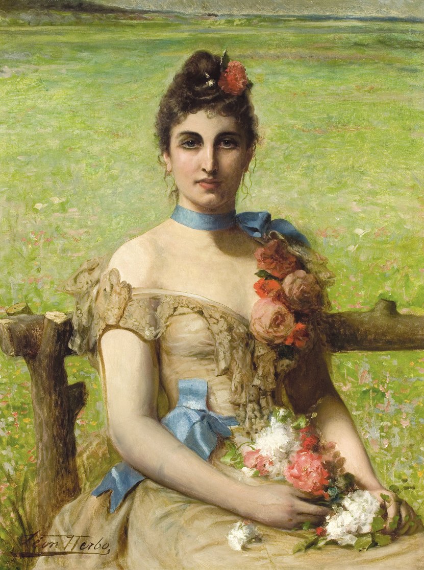 Portrait of a woman holding flowers, vintage artwork by Leon Herbo, 12x8" (A4) Poster