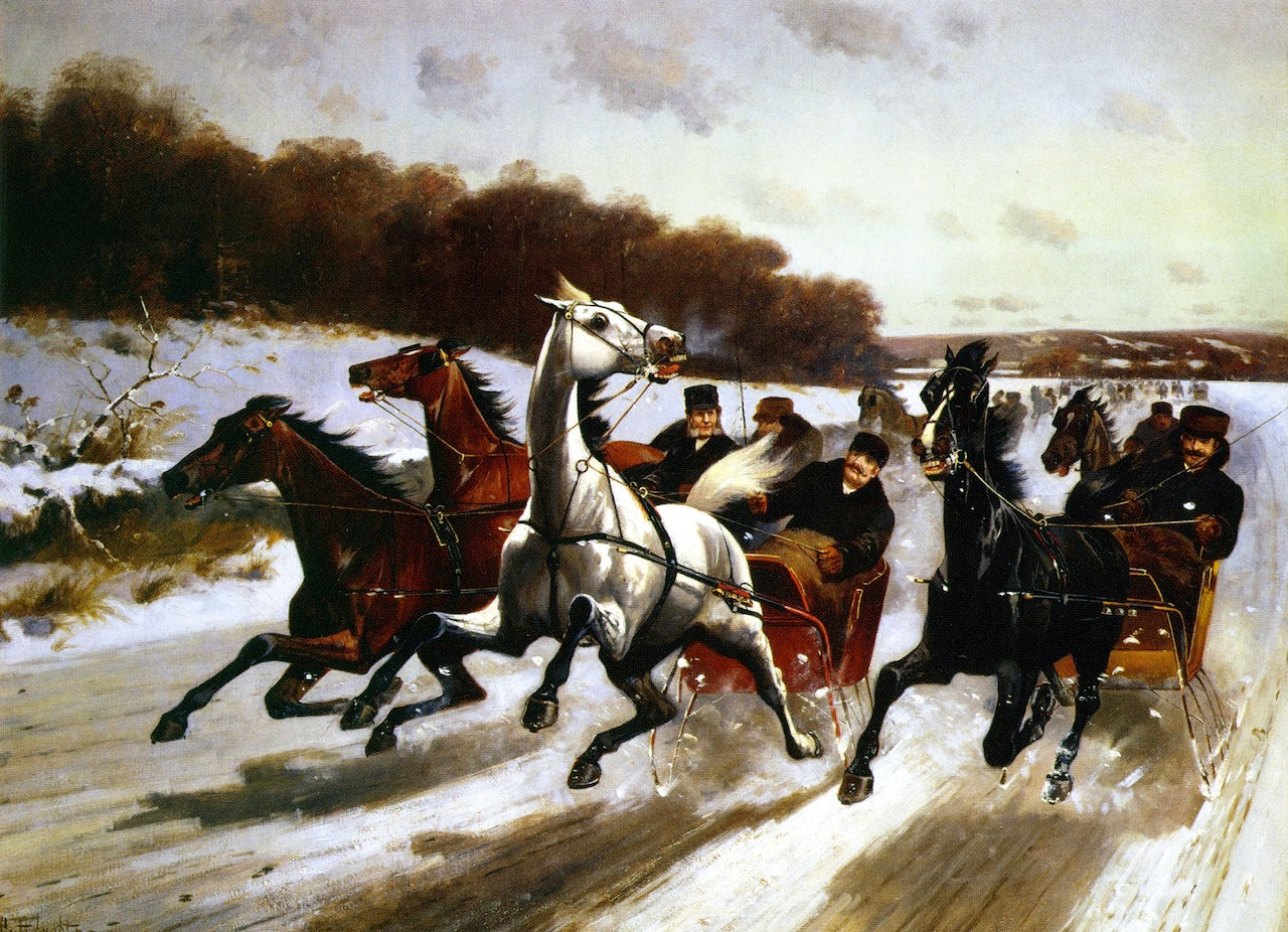 Horse-drawn Sleighs Racing, vintage artwork by Nicholas Winfield Scott Leighton, 12x8" (A4) Poster