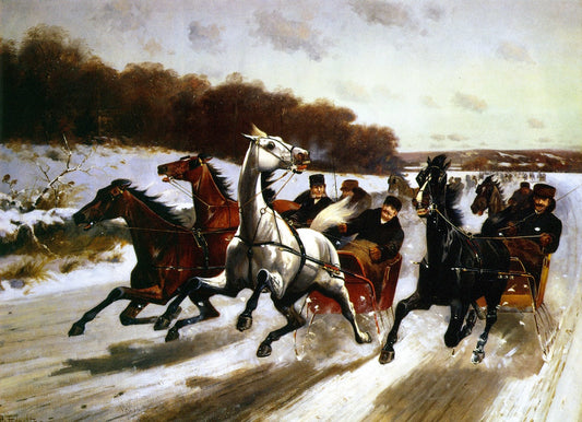 Horse-drawn Sleighs Racing, vintage artwork by Nicholas Winfield Scott Leighton, 12x8" (A4) Poster