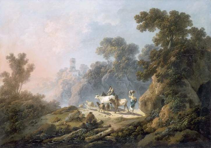 Landscape with Shepherds and Cattle, vintage artwork by Jean Pillement, 12x8" (A4) Poster