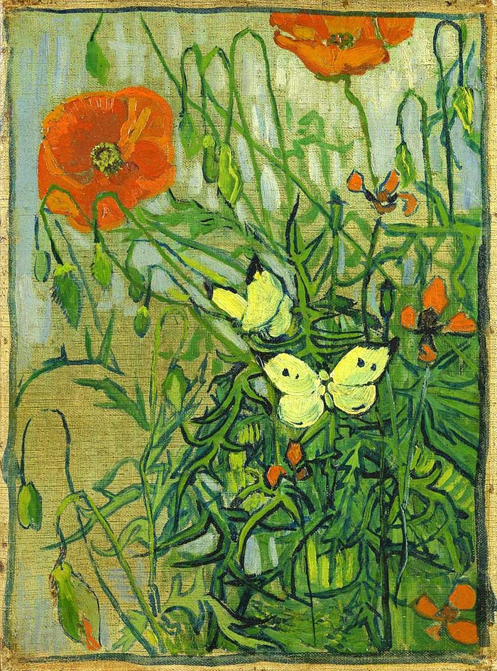 Butterflies and Poppies, vintage artwork by Vincent van Gogh, 12x8
