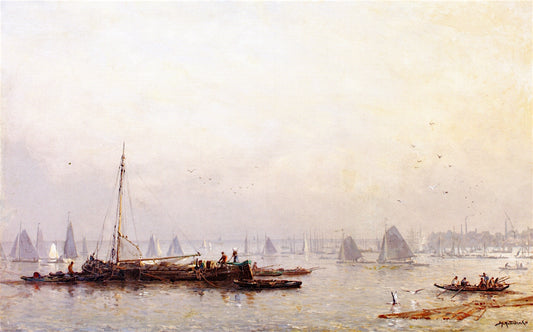Shipping Activities on the Maas in Morning Haze, Rotterdam, vintage artwork by Johan Hendrik van Mastenbroek, 12x8" (A4) Poster