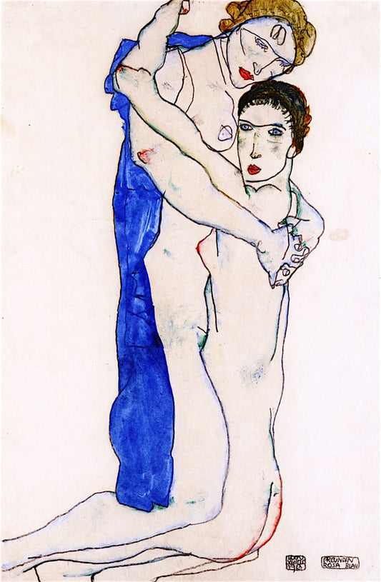 Girlfriend - Pink-Blue, vintage artwork by Egon Schiele, 12x8" (A4) Poster