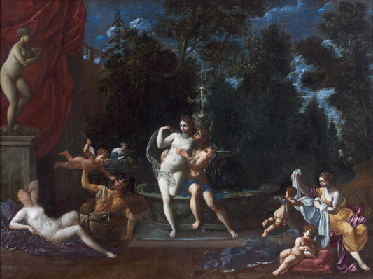 Couple before a Fountain in Landscape with Nymphs and Putti, vintage artwork by Attributed to Marcantonio Franceschini, 12x8" (A4) Poster