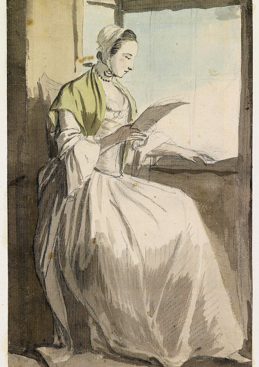 A Lady Reading at a Window, vintage artwork by Paul Sandby , R.A., 12x8" (A4) Poster