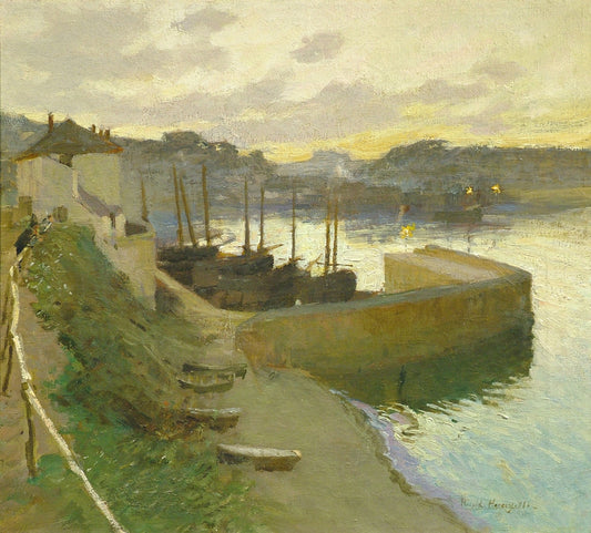 Old Harbour at Dusk, Newlyn, vintage artwork by Harold Charles Francis Harvey, 12x8" (A4) Poster