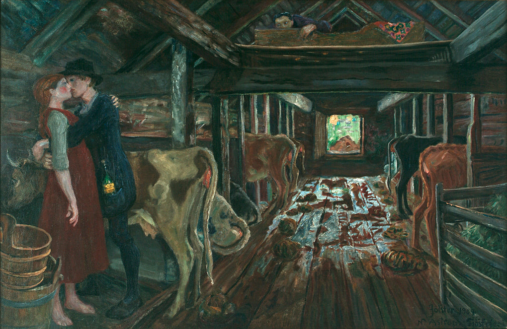 Cowshed Courtship by Nicolai Astrup,16x12(A3) Poster