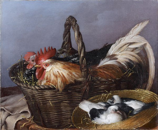 Baskets of Chickens and Pigeons, vintage artwork by Giacomo Ceruti, 12x8" (A4) Poster