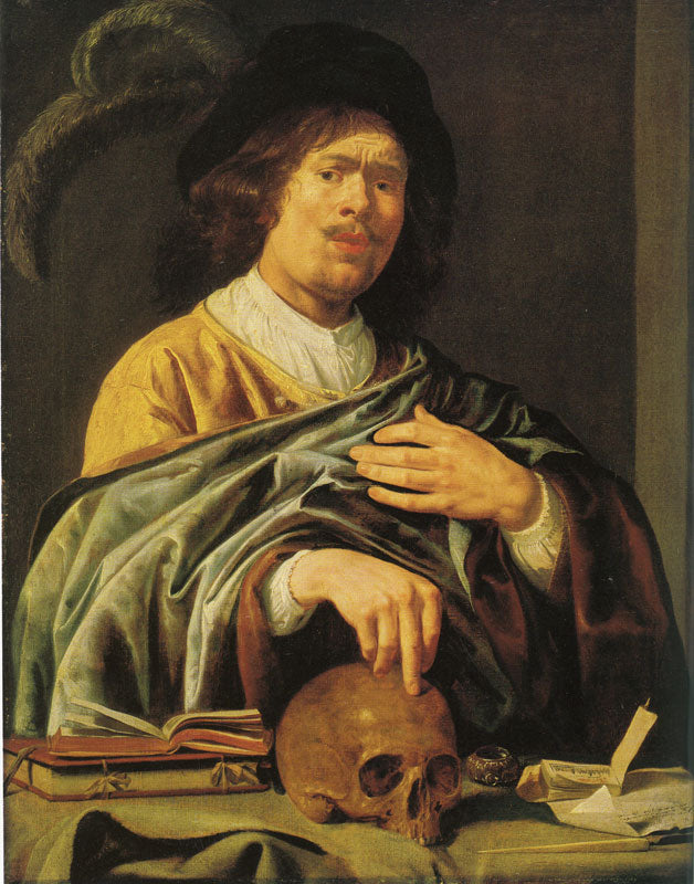 Self Portrait: Man with Skull, vintage artwork by Jan Miense Molenaer, 12x8" (A4) Poster
