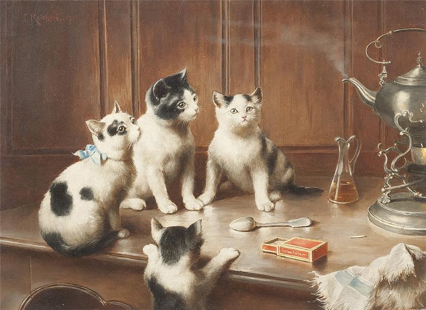Kittens at Teatime, vintage artwork by Carl Reichert, 12x8" (A4) Poster