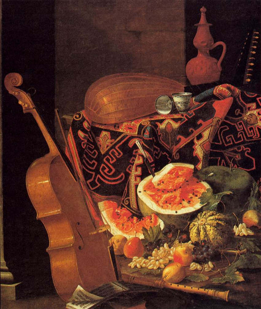 Still-Life with Musical Instruments and Fruit, vintage artwork by Cristoforo Munari, 12x8" (A4) Poster