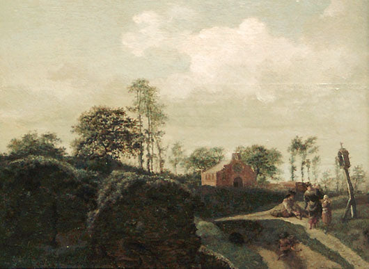 Landscape with Peasants in front of an Oratory, vintage artwork by Jan van der Heyden, 12x8" (A4) Poster