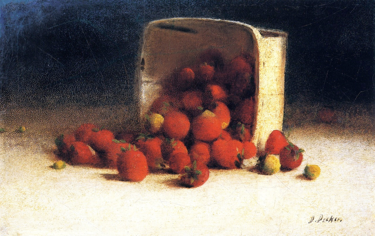 Strawberries Spilling Out of an Overturned Box, vintage artwork by Joseph Decker, 12x8" (A4) Poster