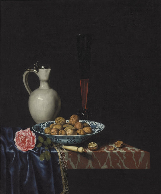 A wan-li bowl with walnuts, a wine glass, an ivory-handled knife, a Delft stoneware jug and a rose, vintage artwork by Hubert van Ravesteyn, 12x8" (A4) Poster