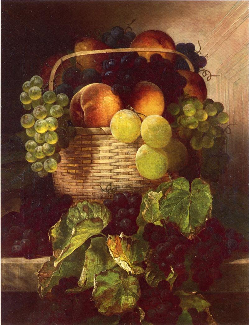 Still Life with Grapes. Plums and Peaches in a Basket, vintage artwork by William Mason Brown, 12x8" (A4) Poster