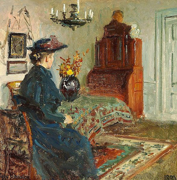 Interior with the artist's wife Martha in a coat and hat, vintage artwork by Viggo Johansen, 12x8" (A4) Poster