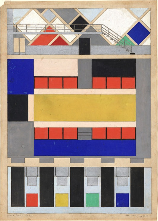 Color Design for Floor and Two Long Walls of cine-dancing in the Aubette, Strasbourg, vintage artwork by Theo van Doesburg, 12x8" (A4) Poster