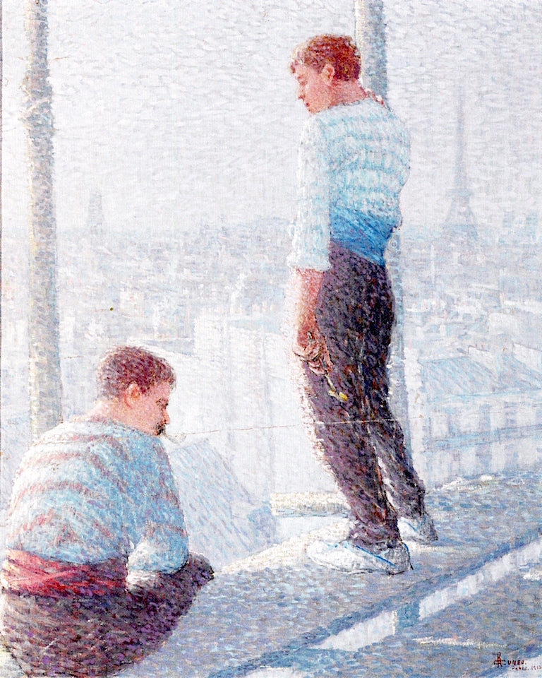 Two Construction Workers overlooking Paris with the Eiffel Tower in the Distance, vintage artwork by Rinaldo Cuneo, 12x8" (A4) Poster