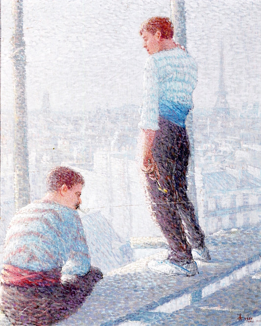 Two Construction Workers overlooking Paris with the Eiffel Tower in the Distance, vintage artwork by Rinaldo Cuneo, 12x8" (A4) Poster