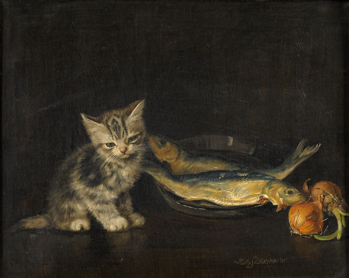 Kitten with Fish by Meta Plückebaum,16x12(A3) Poster