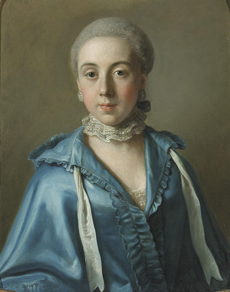 A portrait of a lady with a blue dress and lace collar, vintage artwork by Jean-Étienne Liotard, 12x8" (A4) Poster