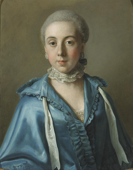 A portrait of a lady with a blue dress and lace collar, vintage artwork by Jean-Étienne Liotard, 12x8" (A4) Poster