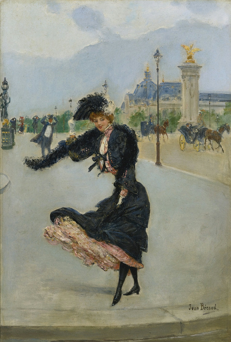 Elegante devant le Grand Palais sur le Pont Alexandre III, vintage artwork by Jean-Georges Beraud, 12x8" (A4) Poster