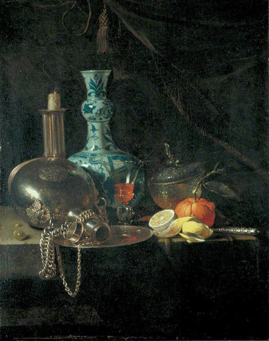Still Life with a Pilgrim Flask, vintage artwork by Willem Kalf, 12x8" (A4) Poster